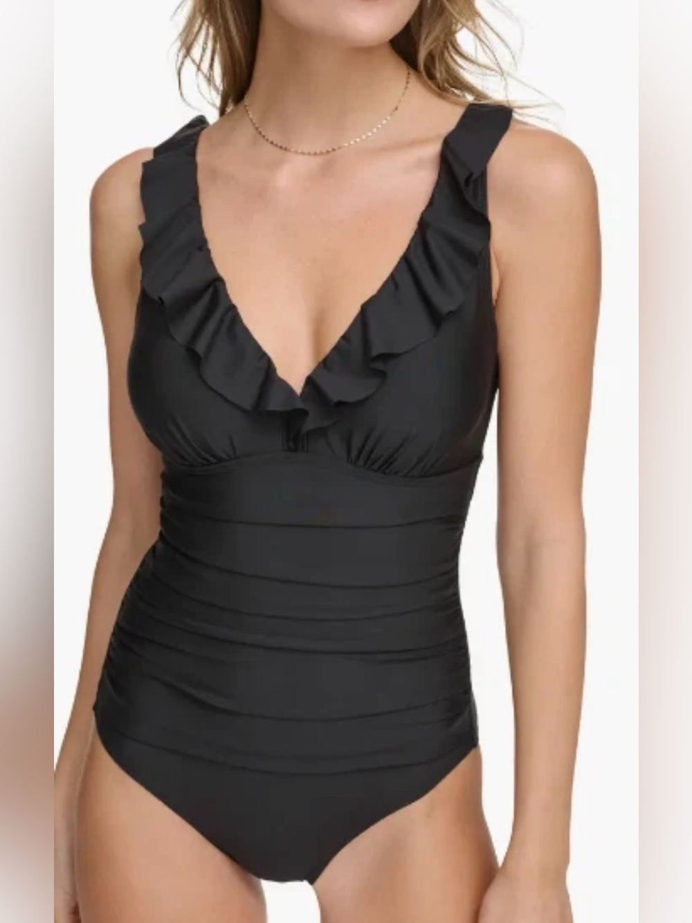 NWT - DKNY Black Ruffled One-Piece Swimwear